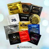 The Large Size Condom Sampler by Condomania presents a selection of condoms from top brands such as Trojan, Skyn, and Lifestyles, set against a gently blurred background. The packets come in an array of vibrant colors and designs, including some specifically labeled as Kimono MicroThin Large to cater to your specific needs.